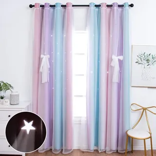 Unistar Verdunkelungsvorhänge mit Sternen, für Kinderzimmer, Mädchen, Wohnzimmer, doppellagig, gestreift, rosa und violett, Regenbogen-Fenstervorhänge (doppelseitig), 132 x 160 cm (B x L), 2 Paneele