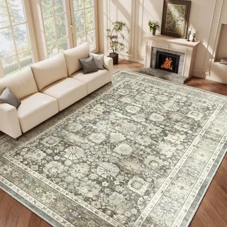 HOMFINE Teppich Wohnzimmer 299x400cm Vintage Waschbar Grau | Großer Waschbarer Kurzflor Teppich mit Blumenmuster, Rutschfest, Weich und ideal für Wohnzimmer, Schlafzimmer und Esszimmer