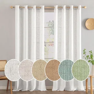 MIULEE Gardinen Vorhänge mit ösen Voile Vorhang kurz Modern Leinenoptik Halbtransparent Ösenvorhang für Wohnzimmer Kinderzimmer Raumteiler 2er Set Linen Weiß 160x140 cm