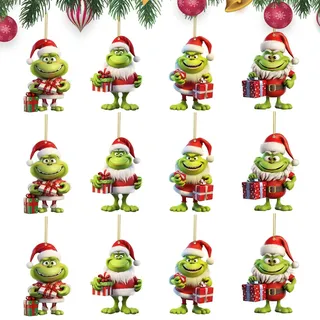 12 Stück Weihnachtsbaum Anhänger Acryl Grinch Weihnachtsbaumschmuck 2D Grinch Anhänger Weihnachten Ornamente Weihnachtsanhänger Dekorationen (B)