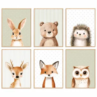 FloralGrace Stilvolle Bilder Kinderzimmer Deko Mädchen, Poster Kinderzimmer Waldtiere Dekorativ, Wanddeko Kinderzimmer Mit Bär Fuchs Hirsch, Zimmer Deko Salbeigrün, Bild 20 X 30 cm