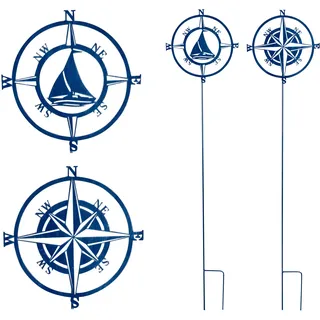 2er Set Gartenstecker H118cm Kompassrose Blau Metall Garten-Deko Windrose Stele Beetstecker Maritim - Blau