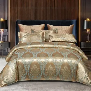 Bettwäsche 135x200cm 4teilig Gold Satin Glatt Glänzend Microfaser Kühlende Sommerbettwäsche mit Reißverschluss 2x Kissenbezug 80x80cm - Gold