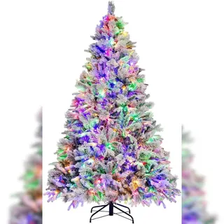 Costway Künstlicher Weihnachtsbaum mit Schnee und Zapfen, Weihnachtsbaum mit 8 Lichtmodi