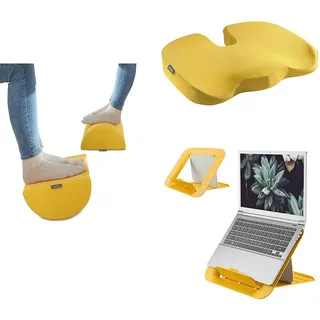 Set Leitz Schreibtisch-Fußstütze + Sitzkissen + Laptopständer, ideal im Home Office, reduzieren Nacken- & Rückenschmerzen, Schaumstoff mit Stoffbezug, IGR-zertifiziert, Ergo Cosy Serie, Warmes Gelb