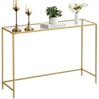 VASAGLE Konsolentisch, Beistelltisch, Oberfläche aus Hartglas, moderner Sofatisch, einfacher Aufbau, verstellbare Füße, Wohnzimmer, Flur, helles Gold-transparent LGT036A01