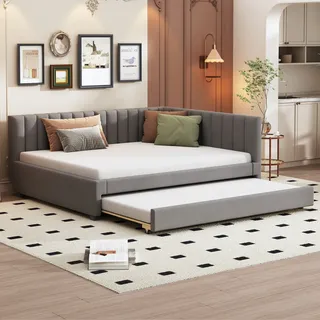 Flieks Polsterbett 140x200cm mit Lattenrost, Tagesbett Schlafsofa mit Ausziehbett, Doppelbett Gästebett Daybett Jugendbett Sofabett, Samt, Grau - Grau