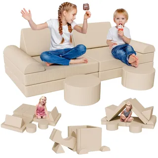 Clevich Spielsofa für Kinder, 15-Teiliges Modulare Kinderspielcouch, Kindersofa ausklappbar, Oeko-TEX100 Zertifiziert, Schlafsofa aus Schaumstoff, für Kuschelecke im Kinderzimmer, Kuschel-Cord (Beige)