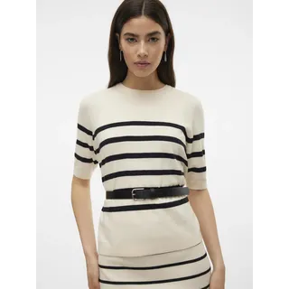 Kurzarmpullover VERO MODA "VMSABA PLAIN, Feinstrickpullover", Damen, Gr. XL, beige (birch stripes:w schwarz), Feinstrick, Obermaterial: 50% Viskose, 28% Polyester, 22% Nylon, gestreift, regular fit normal, Rundhals, Pullover Kurzarmpullover, im Regular Fit aus pflegeleichtem Materialmix mit Viskose