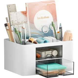 Marbrasse Schreibtisch Organizer mit Schubladen,Multifunktional Stiftehalter Schreibtisch mit 7 Fächer 2 Schubladen,Büro Organizer Schreibtisch und Zubehör (Weiß)