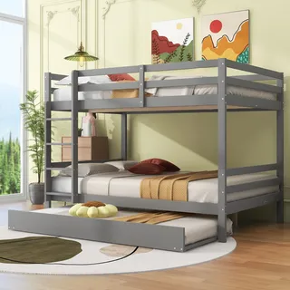 Fortuna Lai Etagenbett 140*200cm mit Ausziehbett und Treppe, Massivholz Kinderbett Doppelbett, Grau - Grau