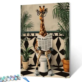 Tucocoo Malen nach Zahlen für Erwachsene, Motiv: niedliche Giraffe auf Toilette, einfaches DIY-Ölgemälde-Set auf Leinwand mit Pinseln und Acrylpigment, lustiges nordisches Tier-Badbild für