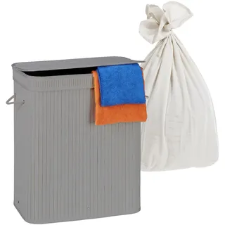 Relaxdays Wäschekorb mit Deckel, 2 Fächer, Bambus, 100 l, faltbar, HxBxT: 60 x 52 x 32 cm, Wäsche Sortiersystem, grau