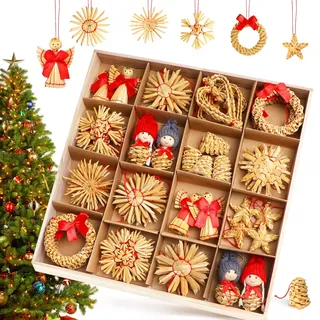 Strohsterne Weihnachtsbaum, 52 Stück Weihnachtlicher Baumschmuck Stroh Anhänger Strohstern, Christbaum Schmuck Strohanhänger natürlicher Christbaumanhänger Weihnachtsdeko