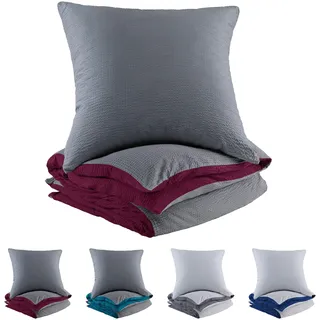 BaSaTex Bettwäsche Set, 135x200 + 80x80, Bordeaux Rot - Grau Anthrazit | Microfaser, Wende, Seersucker und Kissenbezug UNI Bettbezug für Bettdecke und Kissen, 100% Microfaser Polyester
