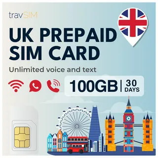 travSIM UK SIM-Karte | 100GB Daten + Unbegrenzte Anrufe & Texte | 4G/5G Geschwindigkeiten | Funktioniert in ganz Großbritannien | SIM-Karte UK ist 30 Tage lang gültig