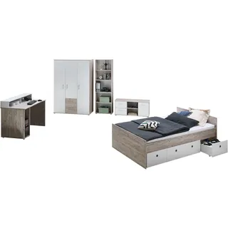 Jugendzimmer-Set OTTO HOME "Jugendzimmer-Set »Rieke« 5-teilig", weiß (eiche, sand, nachbildung, weiß), ohne Matratze, B/H: 120cm x 200cm, Holzwerkstoff, Schlafzimmermöbel-Sets, Jugendzimmer-Set, Farblich abgestimmte Möbelserie