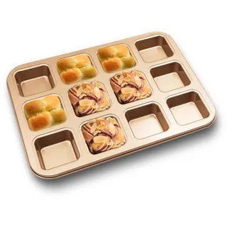 Gurlideo Brownie Backform für 12 Kuchen, Mini Längliche Kuchenform, Antihaft Kohlenstoffstahl, Antihaft Mini Kastenform für Muffin Kuchen Brötchen (Golden)