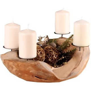 Ambientehome Adventskranz Adventsschale Teak rund circa 20 - 25 cm Wurzelschale Wurzelholz Holzschale Teakschale Dekoschale, Braun