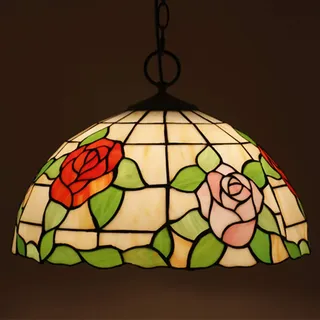 GDLight 40cm Tiffany Style Rose Pendelleuchte, Vintage Pastoral Floral Glasmalerei Decke Hängelampe für Schlafzimmer Wohnzimmer Insel Cafe Bar, E27,D