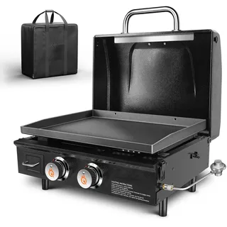 GFTIME Tischgasgrill mit 2 Brenner, Grillplatte Plancha Gasgrill mit flacher Oberseite Grillplatte Propangrill mit Tragetasche 22 Zoll, 48.000 BTU, Keramik-antihaftbeschichtete Grillplatten mit Haube