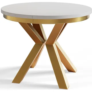 Runder Esszimmertisch LOFT, ausziehbarer Tisch Durchmesser: 100 cm/180 cm, Wohnzimmertisch Farbe: Weiß, mit Metallbeinen in Farbe Gold - Weiß, Gold