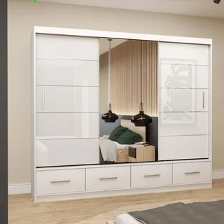 Schwebetürenschrank Kleiderschrank 250 cm Weiß/Weiß semigloss mit Spiegel Florence - Weiß
