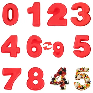 YXHZVON 9 Stück Groß Silikon Anzahl Kuchenform Backformen, 25 cm Zahlenbackform 3D, Antihaftige Backform Zahlen 0-8 für Geburtstag, Hochzeit, Party Dekoration (Rot)