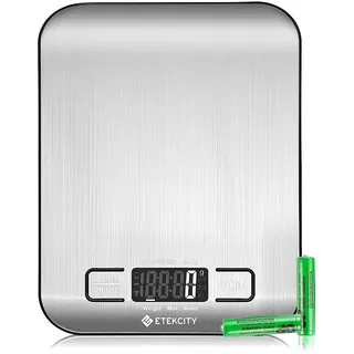 Etekcity Küchenwaage Digital - Edelstahl 304 - Lebensmittelgeeignete Waage Küche - Leicht zu Reinigen - Feinwaage mit Beleuchtetem LCD-Klare und gut Lesbare Kithchen Scale - 5 KG-1g - Edelstahl-Silber