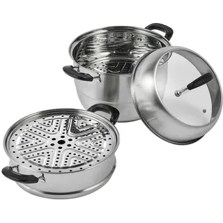 Vevor 28cm Dampfgarer Topf Edelstahl mit Glasdeckel, 3 Etagen Dampfkocher Dampftopf Induktion Gardampftopf Dampfkochtopf Kochtopf Ideal für Gemüse, Fisch, Suppe, Knödel (inkl. 2 Dampfgarer-Einsätze)