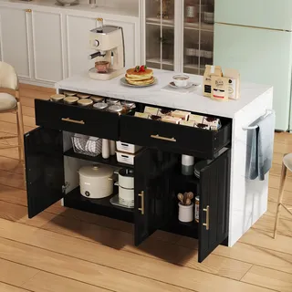 STILVORA Kücheninsel mit Steckdosen&verstellbare Einlegeböden,Küchenschrank Buffetschrank mit Barbereich&Handtuchhalter,Esszimmerschrank Beistellschrank mit Metallgriffe,Schwarz - Schwarz