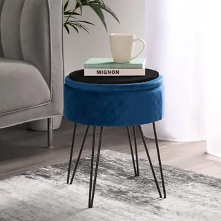 OHS Schminktisch Hocker Navy Rund Aufbewahrung Ottomane Hocker mit Haarnadelbeinen Schlafzimmer Wohnzimmer Hocker Aufbewahrung Dekorativ Gepolsterter Pouf Samt Gesteppt