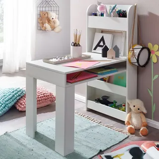 FineBuy Kinderschreibtisch Weiß 90x50x110 cm Maltisch Kinderzimmer mit Regal Kindertisch Modern Schülerschreibtisch mit Stauraum Schultisch Schmal - Weiß