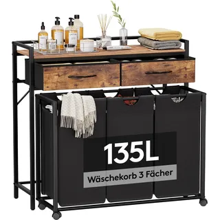 Lifewit 135L Wäschekorb 3 Fächer, Grobe Rolling Wäschesammler mit Regal & 2 Schubladen,WäSchekorb Veranstalter Mit RäDern und Abnehmbare Tasche für WaschküChe Bad,Braun-Rustikal & Schwarz
