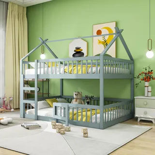 Kinderetagenbett 140 x 200 cm, Familienbett für Kinder, Etagenbett mit Treppe, Hochbett-Design, Massivholz-Etagenbettgestell, grau