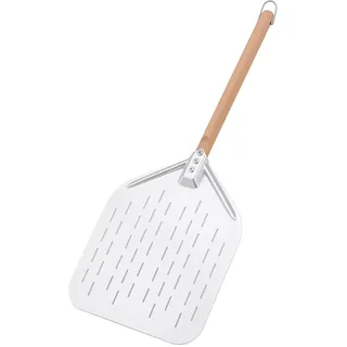 DARDVORLAG Pizzaschieber Edelstahl 430, 73,5cm Pizzaschaufel mit Buchenholzgriff,Perforierter Pizzaheber zum Aufhängen für Pizzaofen,Backofen,Grill & Steinofen