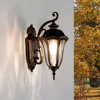 Easylight XL Aussen Wandleuchte FLORENZ rustikal antik H:45cm aus Aluguss & Glas in Schwarz-Kupfer IP44 Spritzwasser geschützt Außenlampe Hof Garten Wandlampe