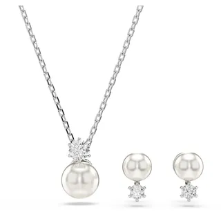 Swarovski Matrix Set, Weiße, Rhodinierte Halskette und Ohrringe mit Kristallperle und Strahlenden Kristallen im Rundschliff