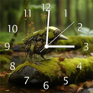 Wallario Design Wanduhr Mechanischer Waldvogel aus Echtglas, Größe 30 x 30 cm - Grün