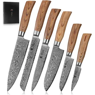 Wakoli EDIB Pro 6-teiliges Messerset aus 67 Lagen Damaststahl mit VG10 Kern | Chefmesser, Brotmesser mit Wellenschliff, Fleischmesser, Santoku, kleines Santoku und Officemesser; Pakkaholzgriffe, Holzbox