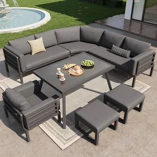 Flieks Gartenlounge-Set 7-tlg für 6-8 Personen, Gartenmöbelset mit Glastisch, Balkonmöbelset aus Eisengestell mit Abnehmbaren Kissen, Garnitur Grau - Grau