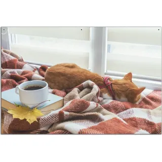 Wallario Outdoor-Poster für Garten oder Balkon, Motiv Schlafende Katze beim Kaffeekränzchen, in ca. 61 x 91,50 cm - Braun