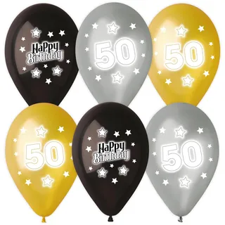 6 Luftballons bunt sortiert bedruckt mit 50 Happy Birthday, 28-30 cm/11 inch