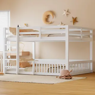 Merax Etagenbett 160x200 cm, Kinderbett mit Geländern, Massivholz Doppelbett, Stockbett, Kinderbett, Holz, Weiß - Weiß