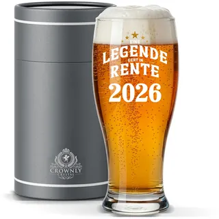 CROWNLY CRYSTAL® Ruhestand Bierglas Gravur 570 ml LEGENDE GEHT IN RENTE 2026 personalisiertes Geschenk für Männer Renteneintritt Papa Kollege Chef Deko Geschenkidee