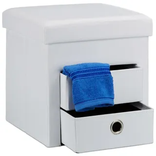 Relaxdays faltbarer Sitzhocker mit Stauraum und 2 entnehmbaren Fächern HBT ca. 38 x 38 x 38 cm Sitzwürfel aus Kunstleder zum Falten mit Aufbewahrung Ottomane mit entnehmbaren Körben Sitzhocker, weiß