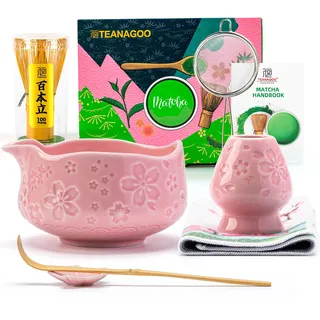 TEANAGOO 7 Stück Matcha Set Rosa, Keramik Schale (Chawan) mit Ausguss & Bambusbesen, Komplettset für Matcha Zeremonie und Latte, Geschenk für Matcha Liebhaber