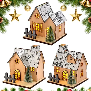 walenbily Weihnachtsdorf mit Beleuchtung,3 Set Häuser Holz mit Schneeeffekt und Weihnachtsbäumen,Perfekt als Tischdeko,Fensterdekoration,Winterblick,Geschenk
