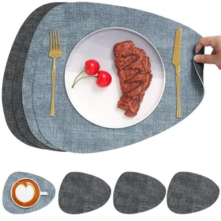 Chitomars Tischsets Kunstleder und Untersetzer, Tischsets Abwaschbar Doppelseitigen rutschfest Platzsets Rund Lederoptik Platzdeckchen Teller Untersetzer (4er Set, Grau Hellblau)