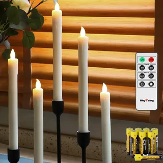 Rhytsing 5er flammenlose Led Stabkerzen Tafelkerzen mit Timer Funktion, Druckknopf, Warmweißes Licht, 25cm, Fernbedienung und Batterien enthalten